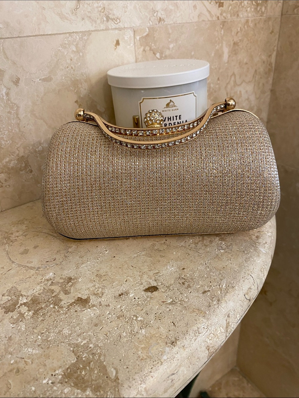 Sparkling Gold Evening Clutch Bag with gold chain
